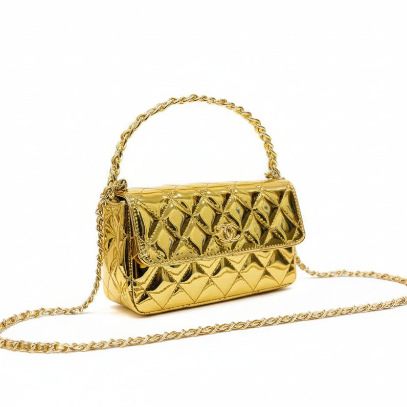 Chanel Metallic Gold Quilted Flap Bag with Twisted Top Handle 🌟✨👜