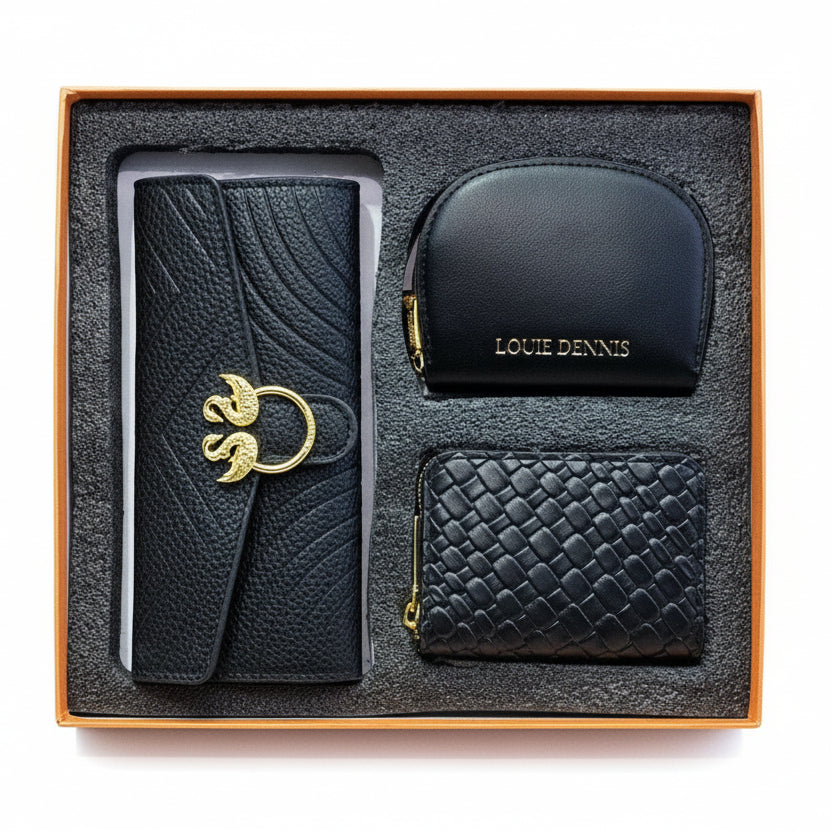 LOUIE DENNIS Elegant Black Leather Accessory Gift Set 🦢✨🖤