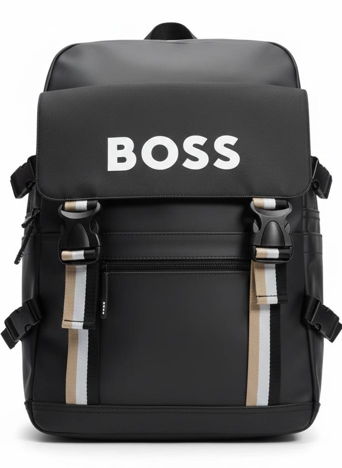 BOSS Black Backpack with Contrast Logo and Striped Details 🎒👔🖤