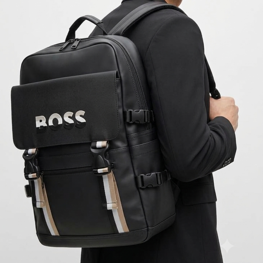 BOSS Black Backpack with Contrast Logo and Striped Details 🎒👔🖤