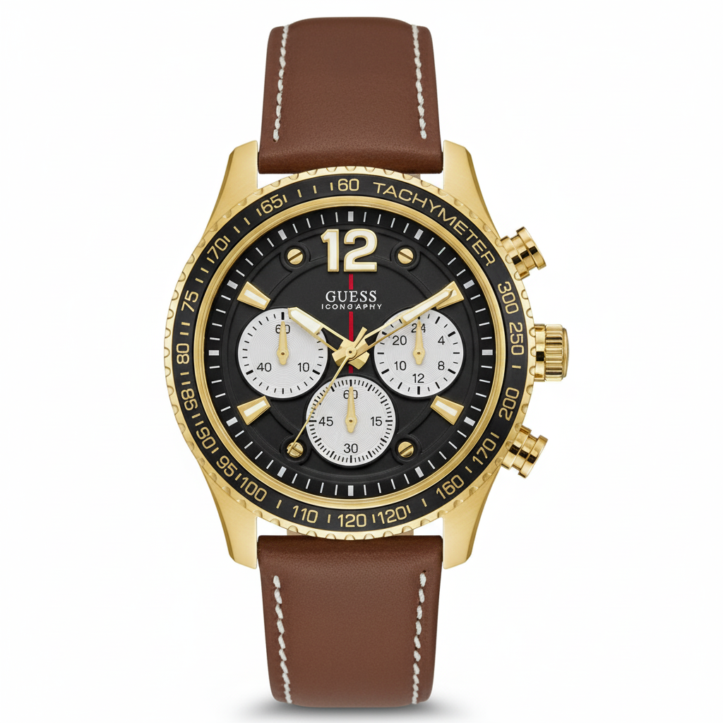 GUESS Iconography Chronograph Gold-Tone & Brown Leather 🏆⌚️✨