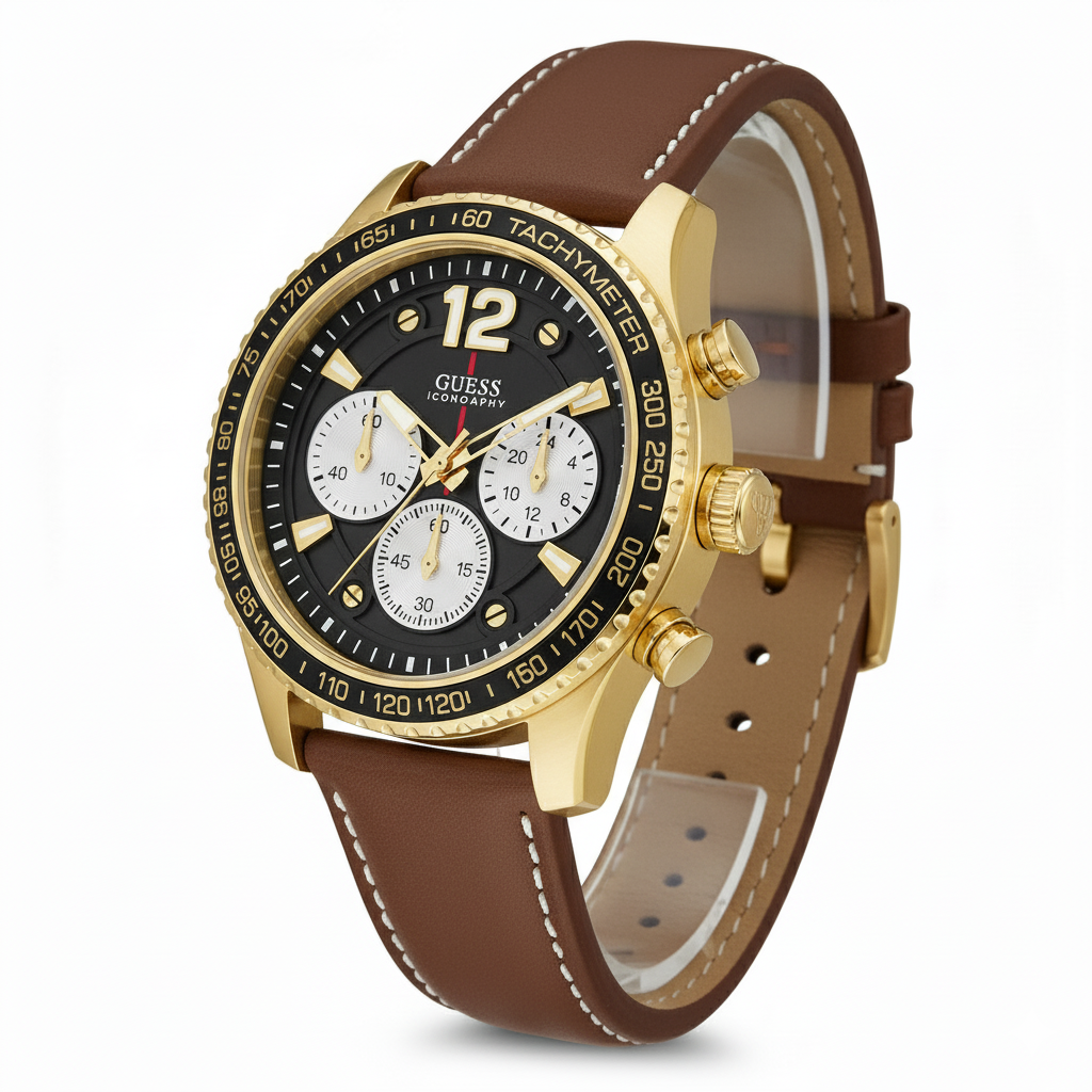 GUESS Iconography Chronograph Gold-Tone & Brown Leather 🏆⌚️✨