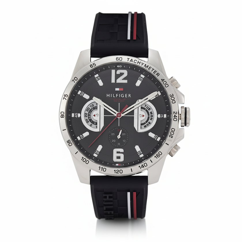 Tommy Hilfiger Men's Chronograph Sport Watch Black & Silver ⌚️🏁🇺🇸