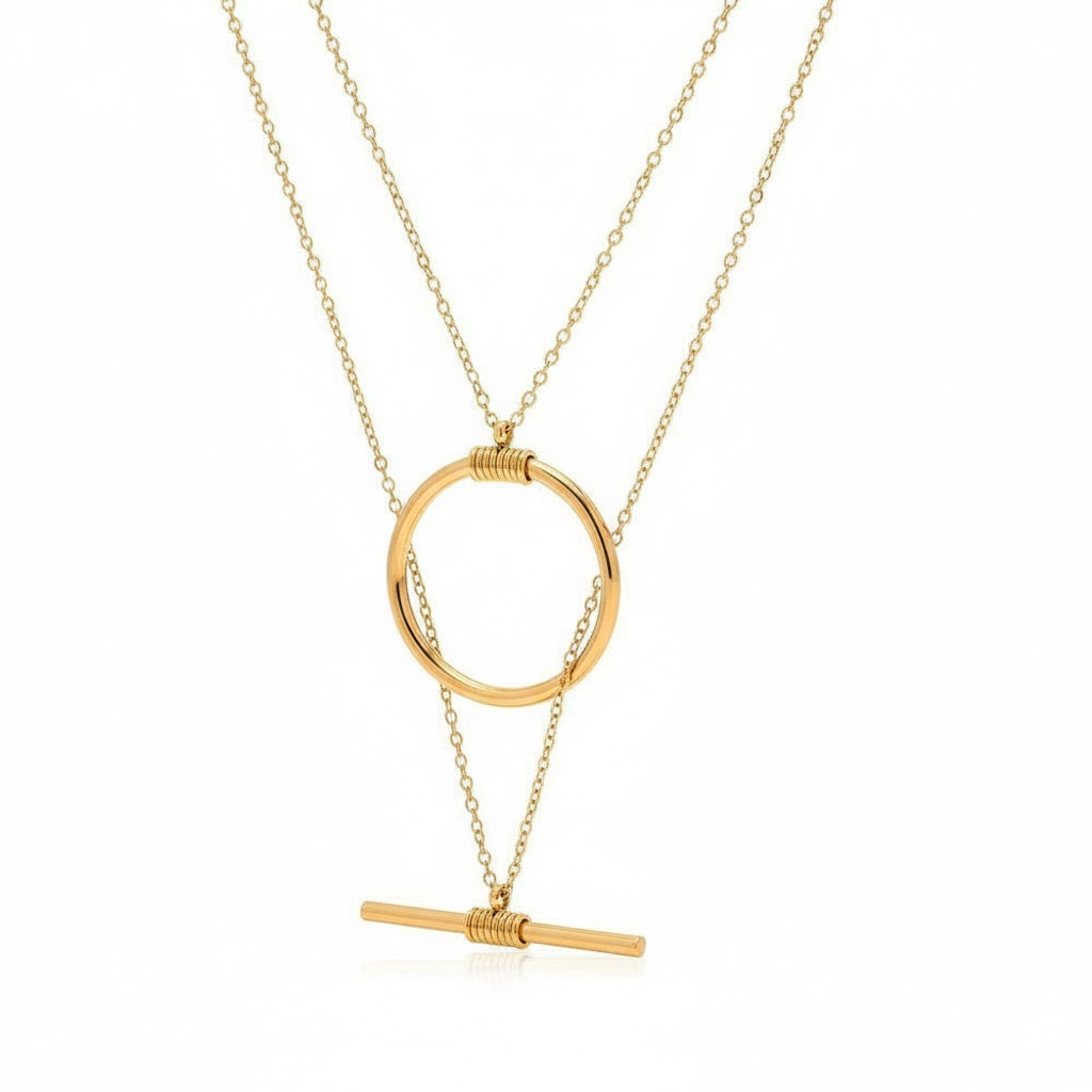 🌟 Gold Plated Layered T-Bar & Circle Necklace ✨🔗